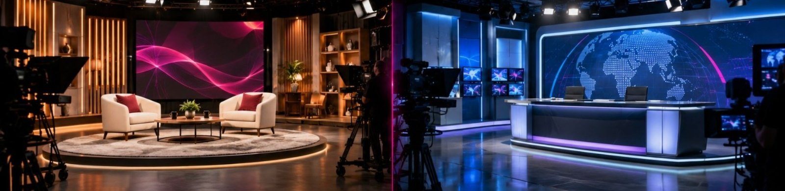 Dois cenários do estúdio: programa de TV e bancada de jornalismo