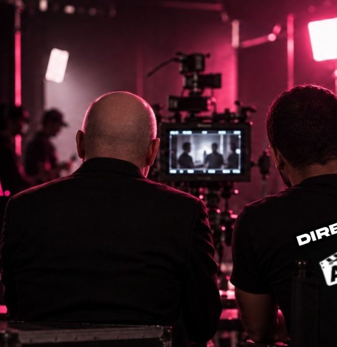 Dois diretores da AI Global Filmes acompanhando a gravação no monitor